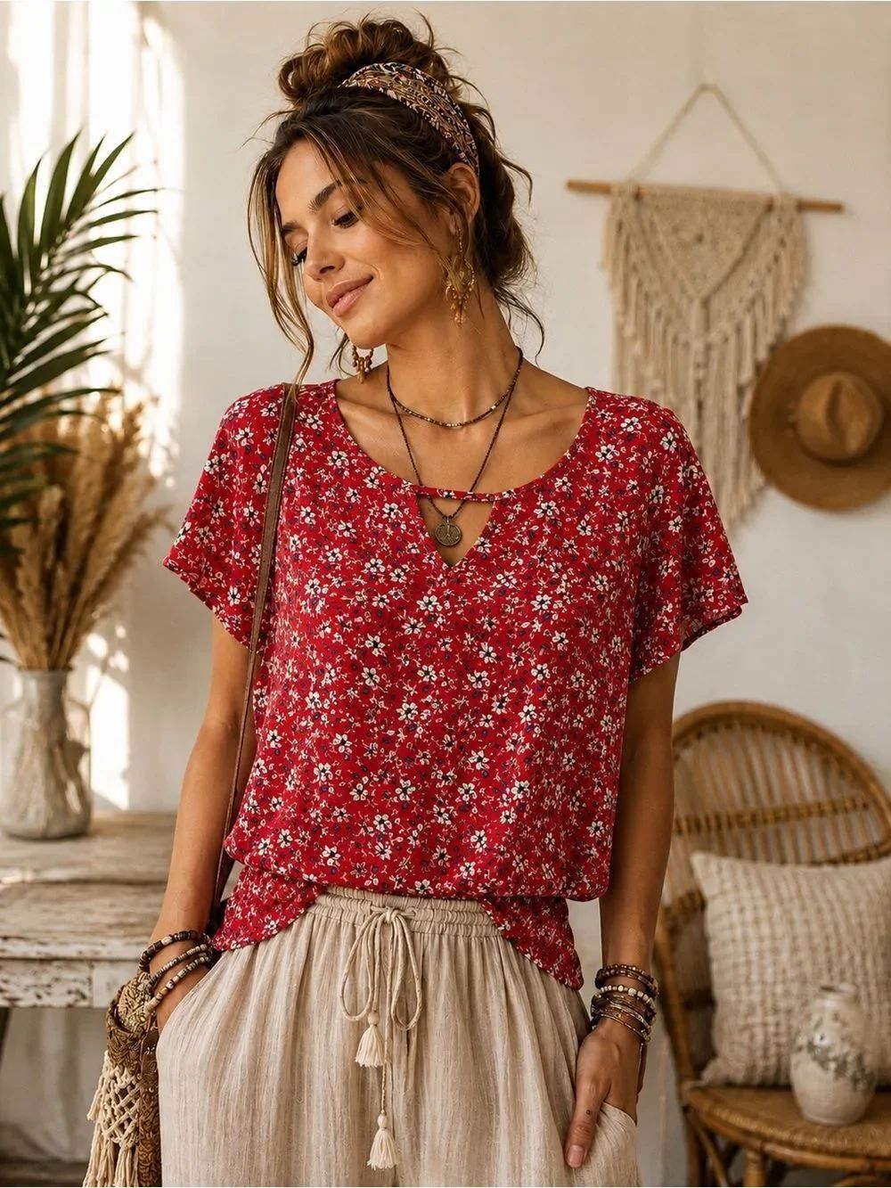 Iz Byer Boho Chic Red Floral Short Sleeve Keyhole Blouse with Tie Back Detail